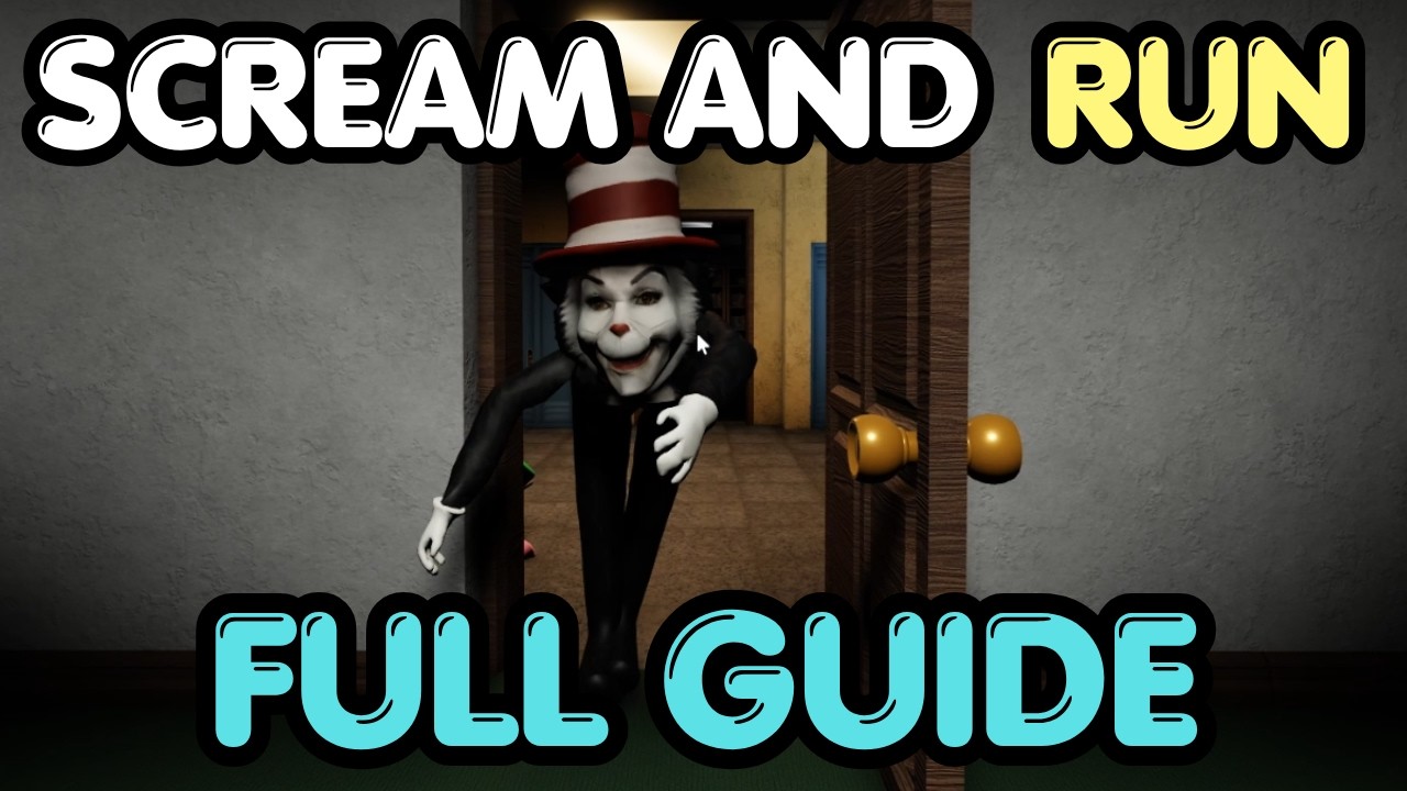 Scream And Run Roblox screenshot of the dark school and the Cat in the Hat hunt